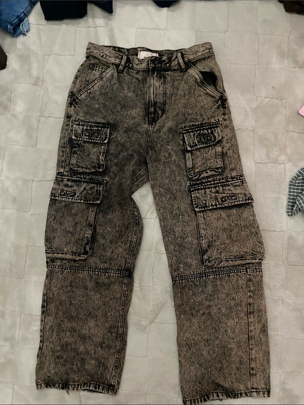 Men's Baggy Washed Black Cargo Pants Low Waist